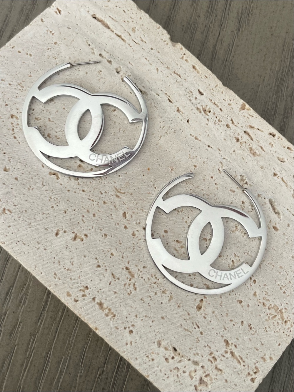 Chanel Silver Interlocking CC Hoop Earrings